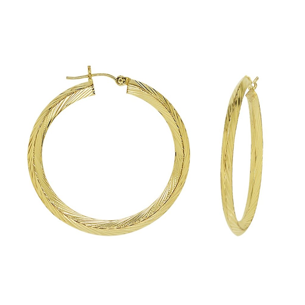 14K Yellow Gold Diamond Cut Round Hoop Earrings